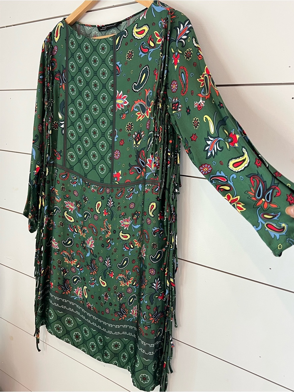 Zara Woman Fringe Green Patterned Dress /western/coastal cowgirl/patchwork - Picture 2 of 7